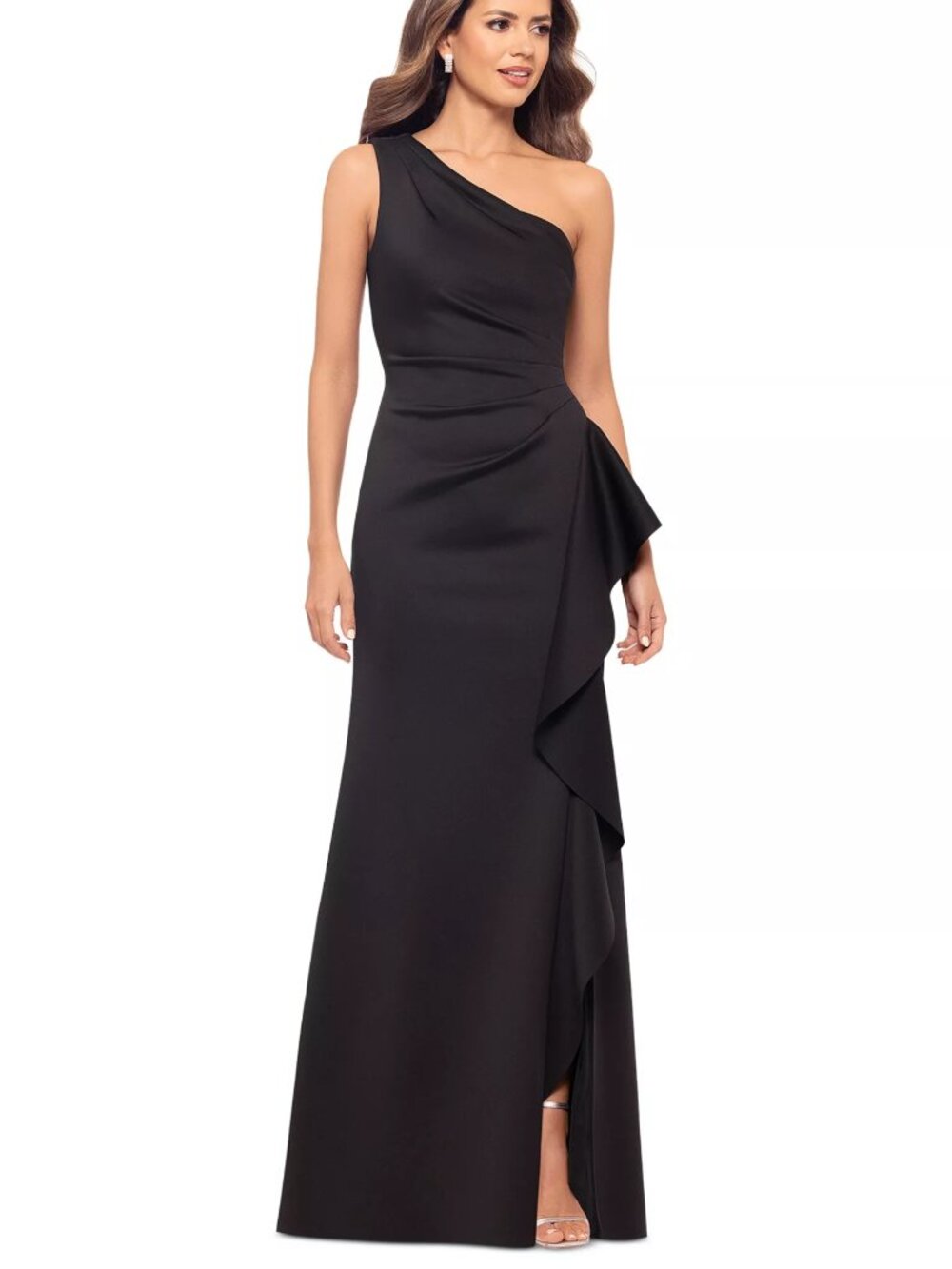 Xscape One-Shoulder Black Asymmetric Scuba Gown